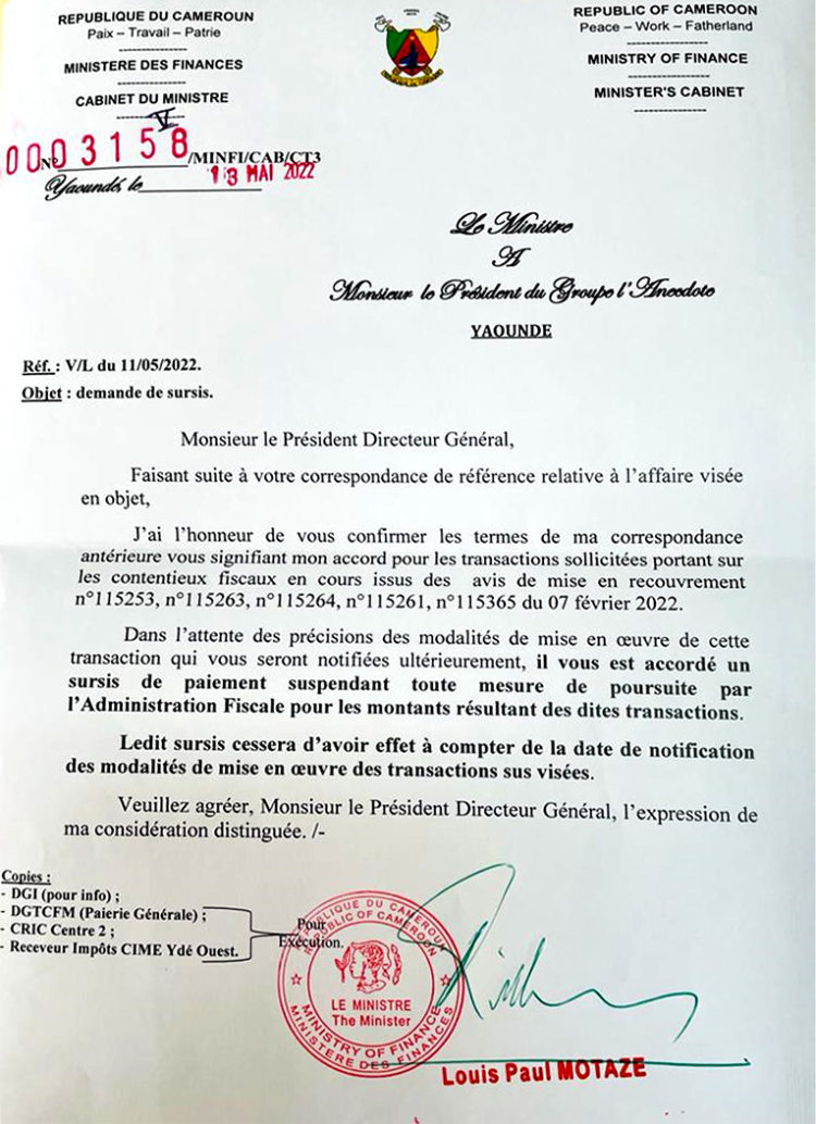 Comment le Minfi a violé la loi pour sauver Vision 4 d&rsquo;un recouvrement forcé